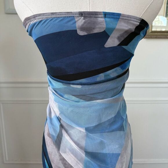 Pretty Little Thing Mesh Bodycon Midi Tube Dress Blue Abstract 4 - Picture 13 of 16